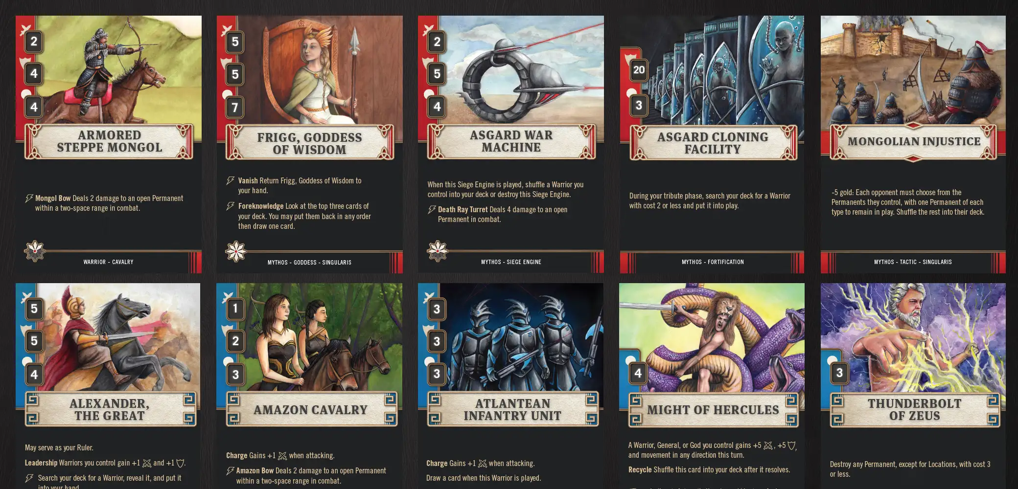 Defiance of the Gods game card design and custom illustrations by Red Chalk Studios.
